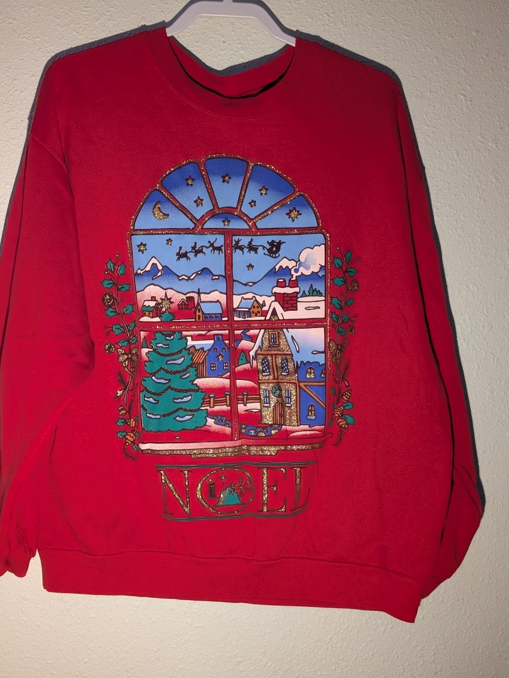 Holiday Time Red Crewneck Sweater with Festive Window Noel Graphic Vintage Large